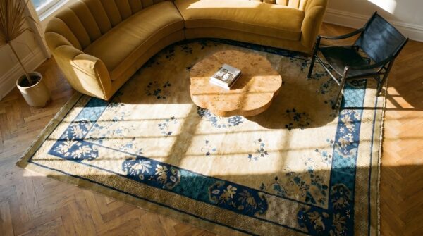 Hand knotted pile ivory beige cream white rectangle 1920s wool antique rug 2 Hand knotted pile ivory beige cream white rectangle 1920s wool antique rug (sku 25206) - styled overhead view