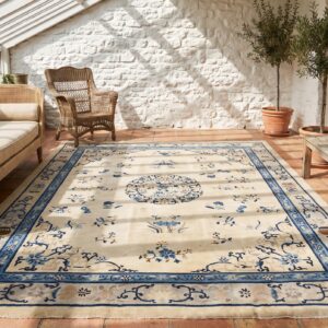 Ivory Beige Cream White Wool Rectangle Hand Knotted Pile Antique 1920s Floral Medallion Rug (SKU 23057) - room view