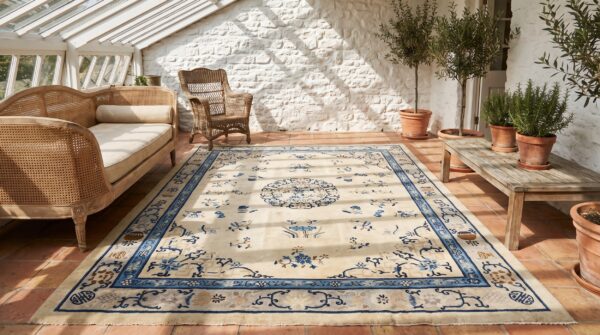 Ivory beige cream white wool rectangle hand knotted pile antique 1920s floral medallion rug 7 Ivory beige cream white wool rectangle hand knotted pile antique 1920s floral medallion rug (sku 23057) - room view