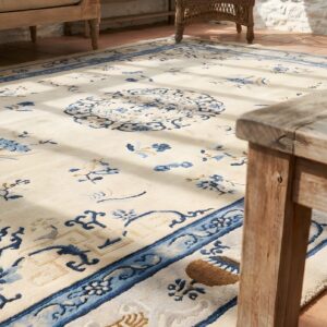 Ivory Beige Cream White Wool Rectangle Hand Knotted Pile Antique 1920s Floral Medallion Rug (SKU 23057) - in-room detail