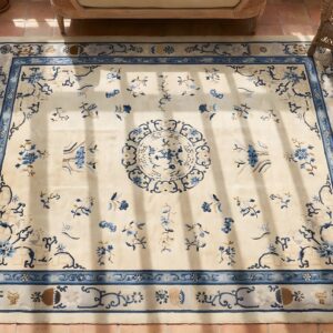 Ivory Beige Cream White Wool Rectangle Hand Knotted Pile Antique 1920s Floral Medallion Rug (SKU 23057) - styled overhead view