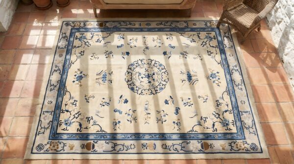 Ivory beige cream white wool rectangle hand knotted pile antique 1920s floral medallion rug 2 Ivory beige cream white wool rectangle hand knotted pile antique 1920s floral medallion rug (sku 23057) - styled overhead view