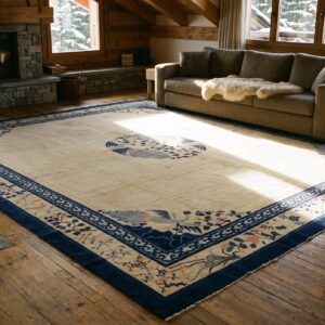 Ivory Beige Cream White Hand Knotted Pile Square 1890s Antique Large Wool Rug (SKU 24884) - room view