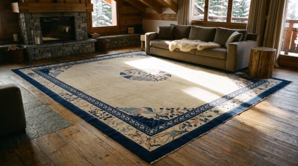 Ivory beige cream white hand knotted pile square 1890s antique large wool rug (sku 24884) - room view