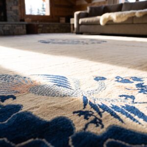 Ivory Beige Cream White Hand Knotted Pile Square 1890s Antique Large Wool Rug (SKU 24884) - in-room detail