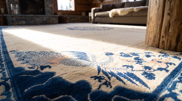 Ivory beige cream white hand knotted pile square 1890s antique large wool rug (sku 24884) - in-room detail