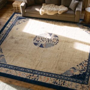 Ivory Beige Cream White Hand Knotted Pile Square 1890s Antique Large Wool Rug (SKU 24884) - styled overhead view