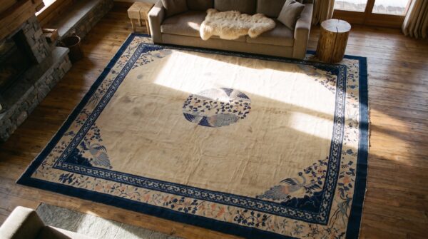 Ivory beige cream white hand knotted pile square 1890s antique large wool rug (sku 24884) - styled overhead view