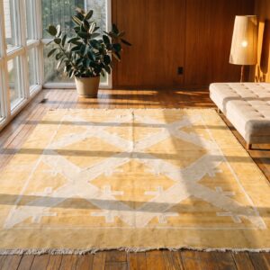 Ivory Beige Cream White , Yellow Small Size Ivory Beige Cream White and Yellow Geometric Design Antique Cotton Dhurrie Rug (SKU 21156) - room view