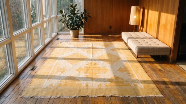 Ivory beige cream white , yellow small size ivory beige cream white and yellow geometric design antique cotton dhurrie rug 7 Ivory beige cream white , yellow small size ivory beige cream white and yellow geometric design antique cotton dhurrie rug (sku 21156) - room view