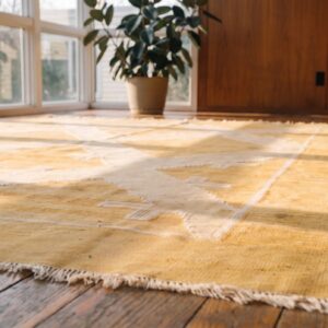 Ivory Beige Cream White , Yellow Small Size Ivory Beige Cream White and Yellow Geometric Design Antique Cotton Dhurrie Rug (SKU 21156) - in-room detail