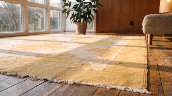 Ivory beige cream white , yellow small size ivory beige cream white and yellow geometric design antique cotton dhurrie rug 8 Ivory beige cream white , yellow small size ivory beige cream white and yellow geometric design antique cotton dhurrie rug (sku 21156) - in-room detail