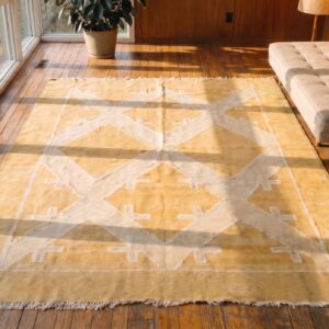 Ivory Beige Cream White , Yellow Small Size Ivory Beige Cream White and Yellow Geometric Design Antique Cotton Dhurrie Rug (SKU 21156) - styled overhead view