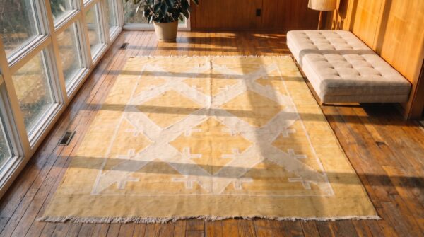 Ivory beige cream white , yellow small size ivory beige cream white and yellow geometric design antique cotton dhurrie rug 2 Ivory beige cream white , yellow small size ivory beige cream white and yellow geometric design antique cotton dhurrie rug (sku 21156) - styled overhead view