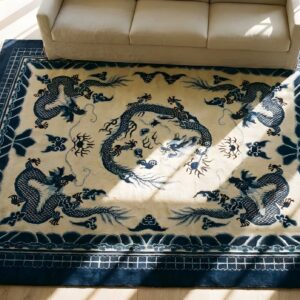 Ivory and Blue Antique Cloud Band Design Chinese Dragon Peking Rug (SKU 25839) - styled overhead view