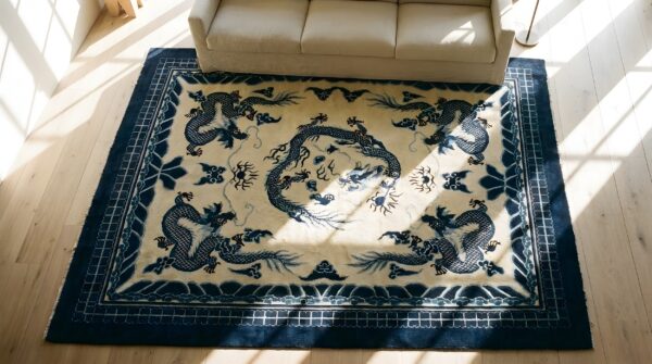 Ivory and blue antique cloud band design chinese dragon peking rug 2 Ivory and blue antique cloud band design chinese dragon peking rug (sku 25839) - styled overhead view