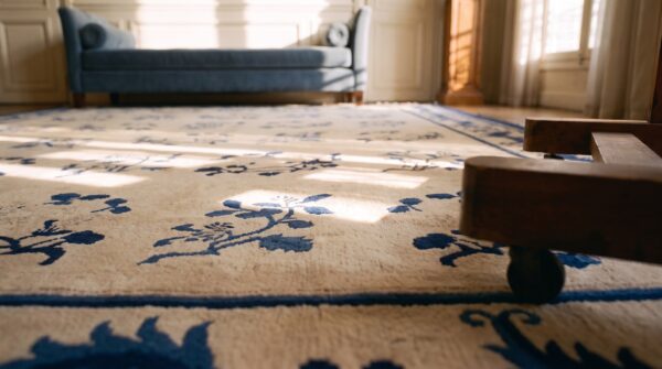 Ivory and blue antique floral chinese room size peking rug 6 Ivory and blue antique floral chinese room size peking rug (sku 23377) - in-room detail