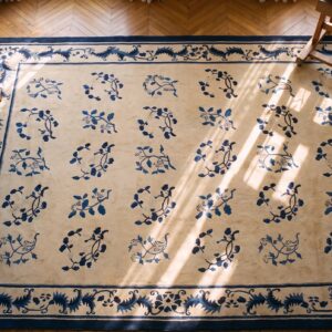 Ivory and Blue Antique Floral Chinese Room Size Peking Rug (SKU 23377) - styled overhead view