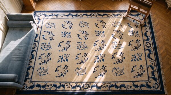 Ivory and blue antique floral chinese room size peking rug 2 Ivory and blue antique floral chinese room size peking rug (sku 23377) - styled overhead view