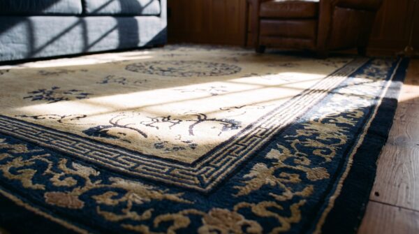 Ivory and blue antique floral medallion chinese carpet 11 Ivory and blue antique floral medallion chinese carpet (sku 25075) - in-room detail