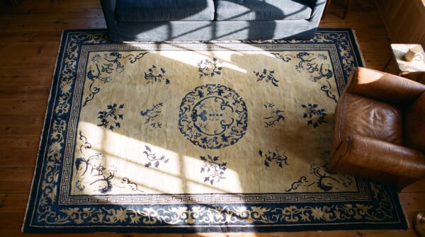 Ivory and blue antique floral medallion chinese carpet 2 Ivory and blue antique floral medallion chinese carpet (sku 25075) - styled overhead view