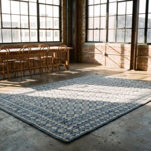 Ivory and Blue Antique Indian Allover Geometric Floral Grid Design Cotton Agra Rug (SKU 21142) - room view