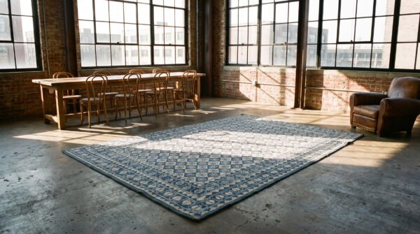 Ivory and blue antique indian allover geometric floral grid design cotton agra rug 6 Ivory and blue antique indian allover geometric floral grid design cotton agra rug (sku 21142) - room view