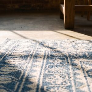 Ivory and Blue Antique Indian Allover Geometric Floral Grid Design Cotton Agra Rug (SKU 21142) - in-room detail