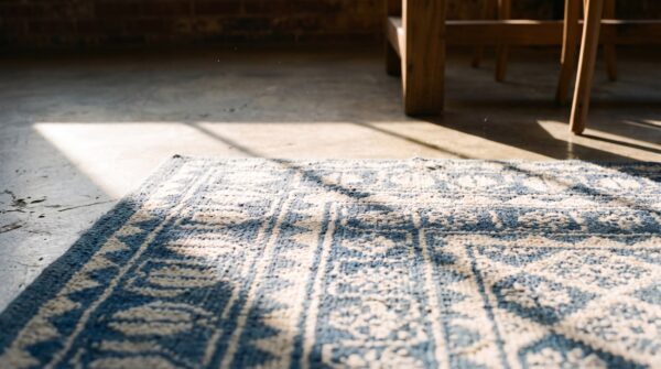 Ivory and blue antique indian allover geometric floral grid design cotton agra rug 7 Ivory and blue antique indian allover geometric floral grid design cotton agra rug (sku 21142) - in-room detail