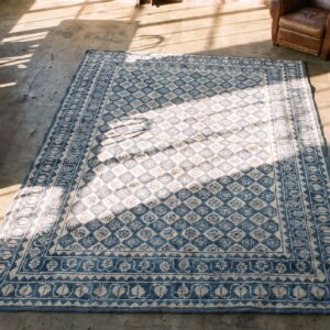 Ivory and Blue Antique Indian Allover Geometric Floral Grid Design Cotton Agra Rug (SKU 21142) - styled overhead view