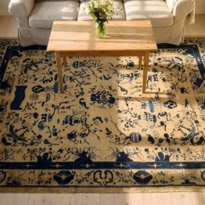 Ivory and Blue Antique Peking Chinese Room Size Area Rug (SKU 23516) - styled overhead view