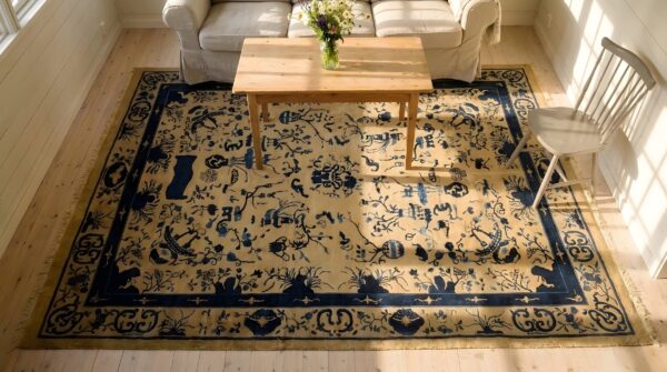 Ivory and blue antique peking chinese room size area rug 2 Ivory and blue antique peking chinese room size area rug (sku 23516) - styled overhead view