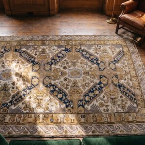 Ivory Antique Caucasian Seychour Small Scatter Size Tribal Area Rug (SKU 19632) - styled overhead view
