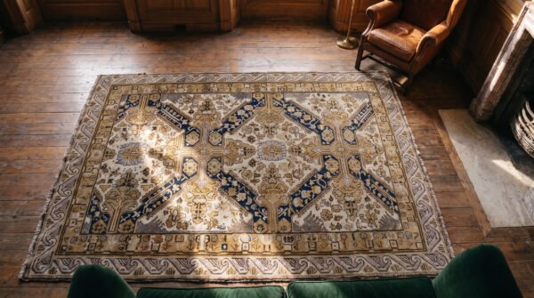 Ivory antique caucasian seychour small scatter size tribal area rug 2 Ivory antique caucasian seychour small scatter size tribal area rug (sku 19632) - styled overhead view