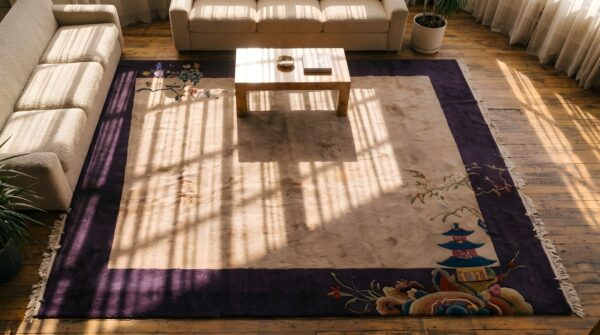 Ivory chinese - art deco antique 1920s room size rectangle knotted wool rug 2 Ivory chinese - art deco antique 1920s room size rectangle knotted wool rug (sku 22262) - styled overhead view