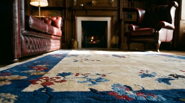 Ivory chinese - art deco wool small scatter size 1920s knotted rectangle antique rug 13 Ivory chinese - art deco wool small scatter size 1920s knotted rectangle antique rug (sku 25243) - in-room detail