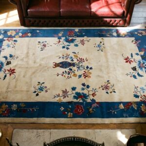 Ivory Chinese - Art Deco Wool Small Scatter Size 1920s Knotted Rectangle Antique Rug (SKU 25243) - styled overhead view