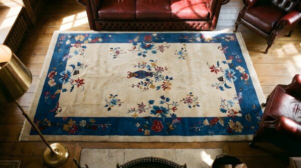 Ivory chinese - art deco wool small scatter size 1920s knotted rectangle antique rug 2 Ivory chinese - art deco wool small scatter size 1920s knotted rectangle antique rug (sku 25243) - styled overhead view