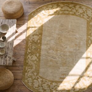 Ivory Antique Chinese Crane and Dragon Design Oval Peking Rug (SKU 21364) - styled overhead view