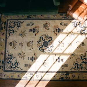 Antique Ivory Chinese Dragon Design Peking Rug (SKU 17593) - styled overhead view