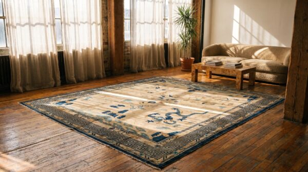 Antique ivory chinese dragon peking square rug 7 Antique ivory chinese dragon peking square rug (sku 19737) - room view