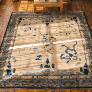Antique Ivory Chinese Dragon Peking Square Rug (SKU 19737) - styled overhead view