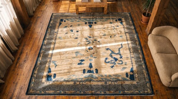 Antique ivory chinese dragon peking square rug 2 Antique ivory chinese dragon peking square rug (sku 19737) - styled overhead view