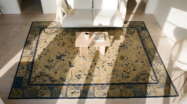 Ivory antique chinese floral dragon medallion design room size peking rug 2 Ivory antique chinese floral dragon medallion design room size peking rug (sku 23730) - styled overhead view