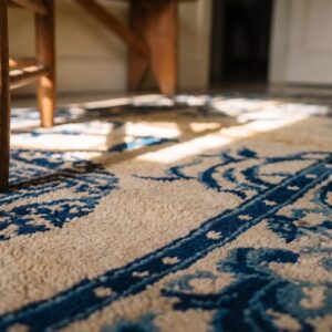 Ivory Antique Wool Pile Chinese Floral Saddle Horse Cover Rug (SKU 23395) - in-room detail