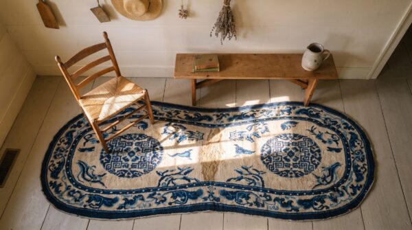 Ivory antique wool pile chinese floral saddle horse cover rug 2 Ivory antique wool pile chinese floral saddle horse cover rug (sku 23395) - styled overhead view