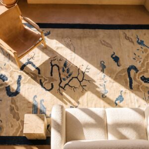 Antique Ivory Wool Chinese - Peking Knotted 1930s Small Scatter Size Rectangle Rug (SKU 25510) - styled overhead view