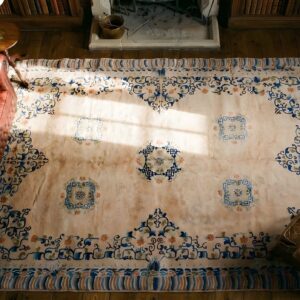 Ivory Antique Chinese Hand Knotted Wool Pile Peking Area Rug (SKU 23256) - styled overhead view