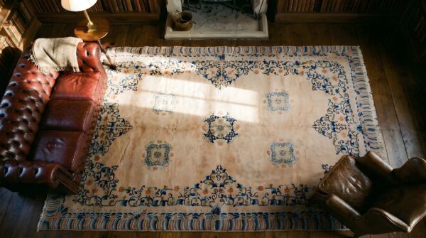 Ivory antique chinese hand knotted wool pile peking area rug 2 Ivory antique chinese hand knotted wool pile peking area rug (sku 23256) - styled overhead view