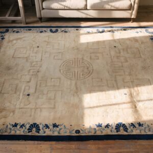 Ivory Chinese - Peking Room Size Rectangle Wool 1890s Knotted Antique Rug (SKU 22807) - styled overhead view